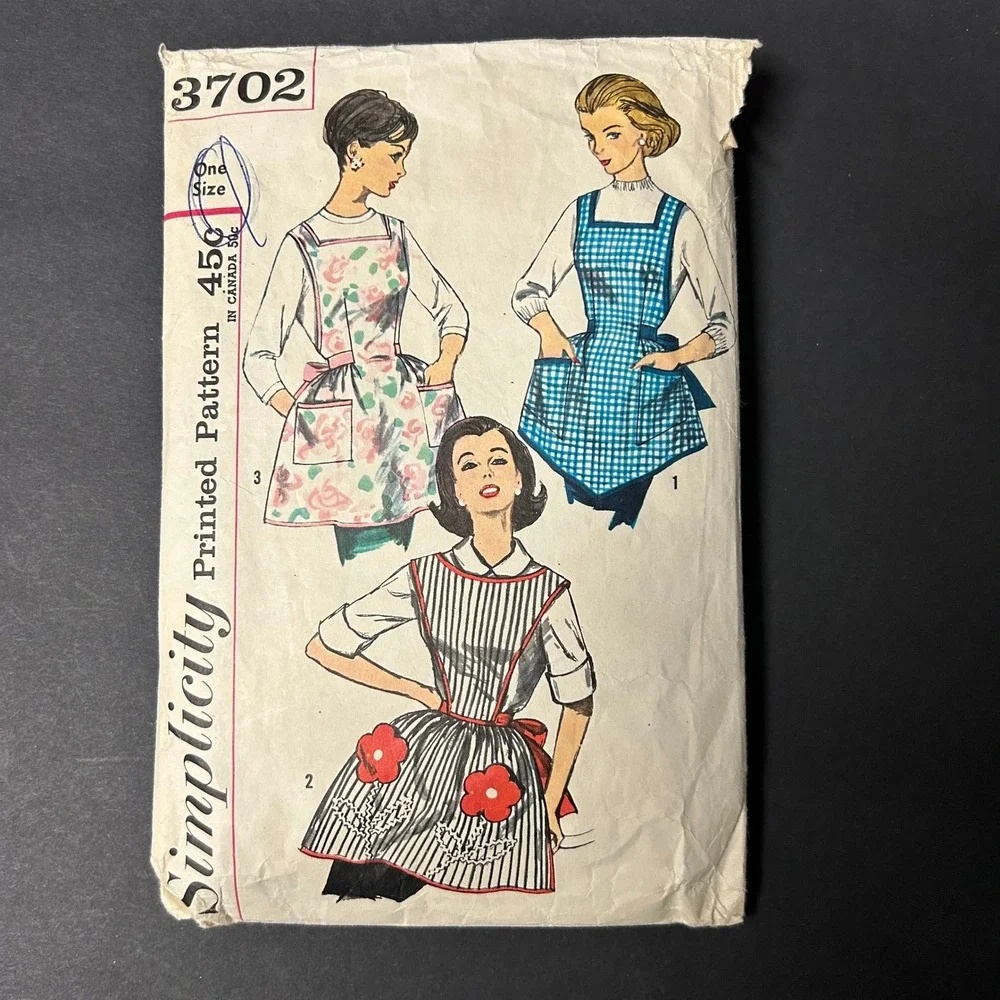 Vintage 1950s-60s Simplicity 3702 Apron Pattern One Yard Design One Size